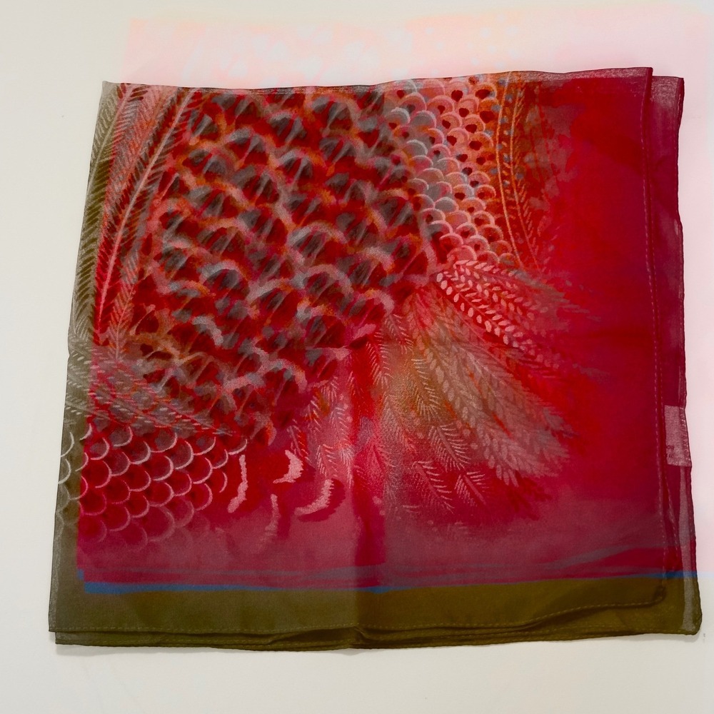 George Red Abstract Feather Scale Print Square‎ Scarf Made in Italy 20X20 Chic